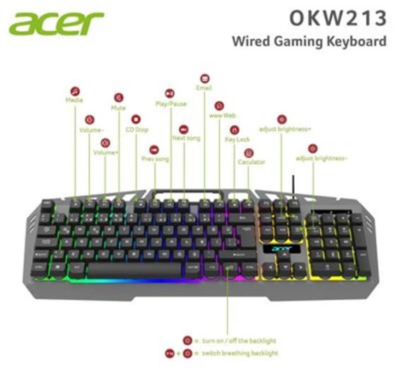 acer okw213 gri rgb rainbow backlit gaming keyboard rainbow kablolu klavye kablo uzunluğu 1,5 metre acer okw213 gri rgb rainbow backlit gaming keyboard rainbow kablolu klavye kablo uzunluğu 1,5 metre