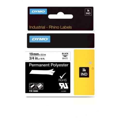 Dymo 18484 Rhino Pro Etiketi Plastik Sabit 19 MMx5,5 Mt Beyaz Üzerine Siyah