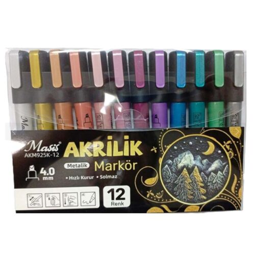 Masis Akrilik Markör Kalem Metalik 12 Renk Pvc Paket Akm925K-12