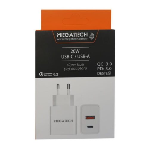 Megatech 20W Beyaz Usb-C Usb-A Şarj Kafa Qc:3.0-Pd:3.0