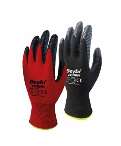 Nitril Poly Pnzebra 9 Beden Kırmızı Siyah İş Eldiveni (12 Li Paket)