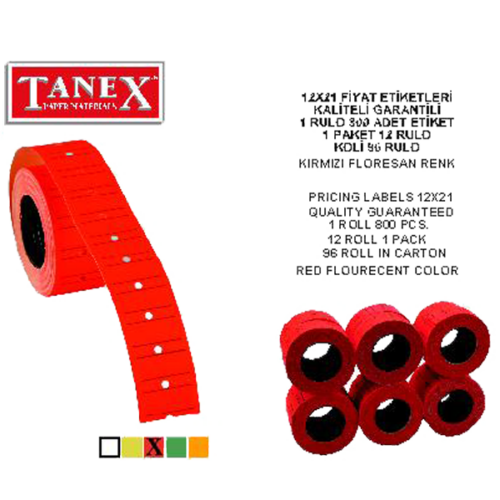 Tanex Makine Etiketi 12X21 Mm Çizgili Fosforlu Kırmızı 6 Lı Tnx1221530800 (6 Lı Paket)