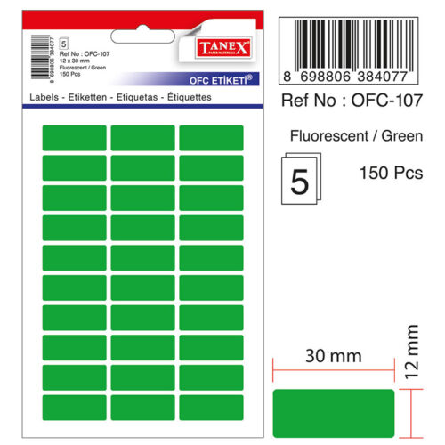 Tanex Ofc-107 Ofis Etiketi Poşetli 12X30 Mm Fosforlu Yeşil (10 Lu Paket)